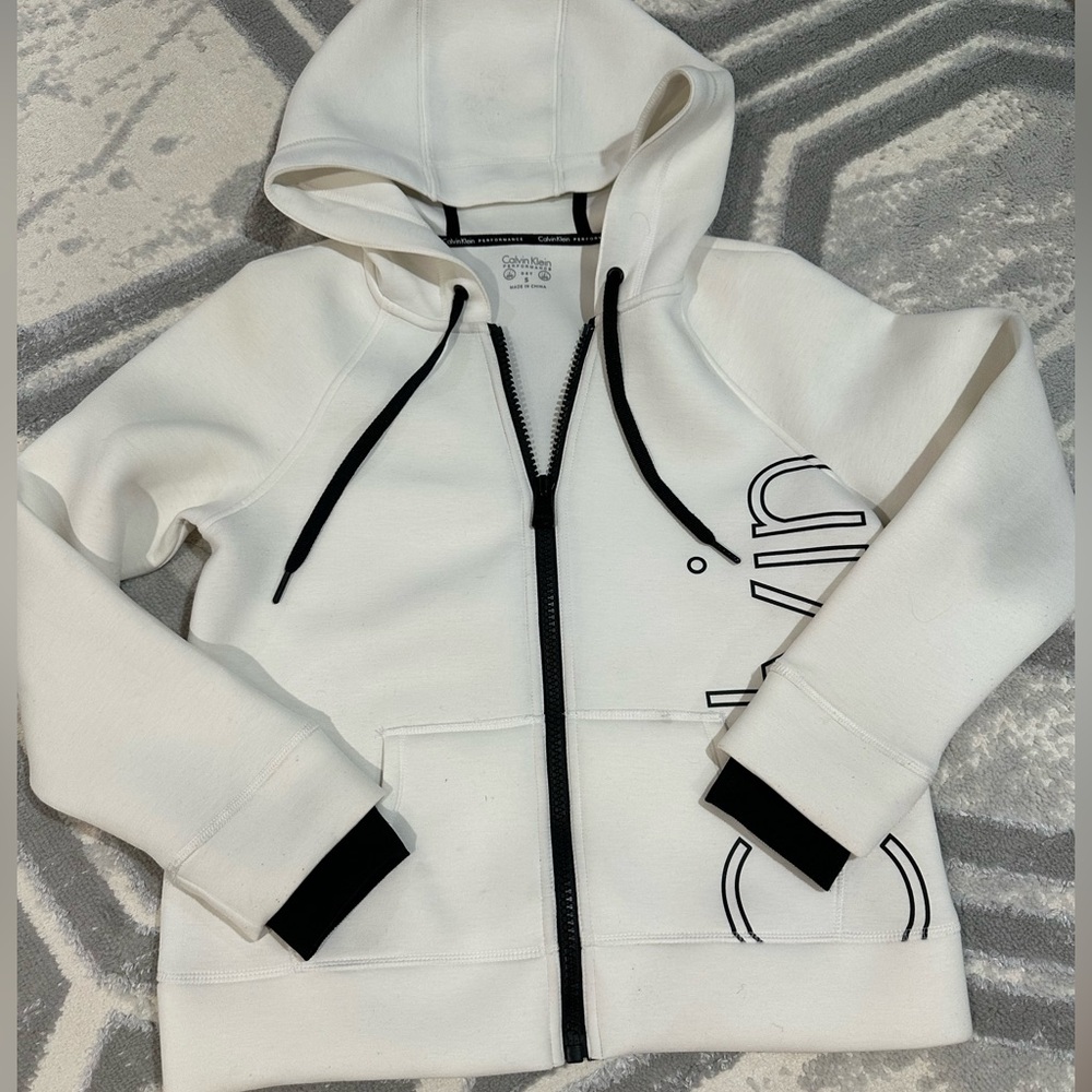 Calvin Klein White Zip-Up Hoodie with Black Accents